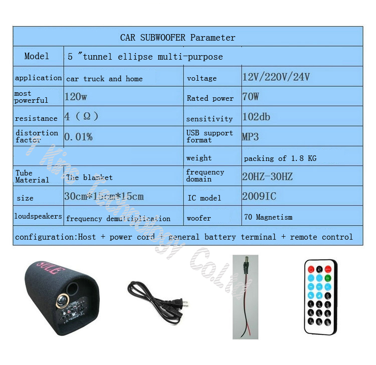 Автомобильный сабвуфер, 12V/24V/220V, USB 