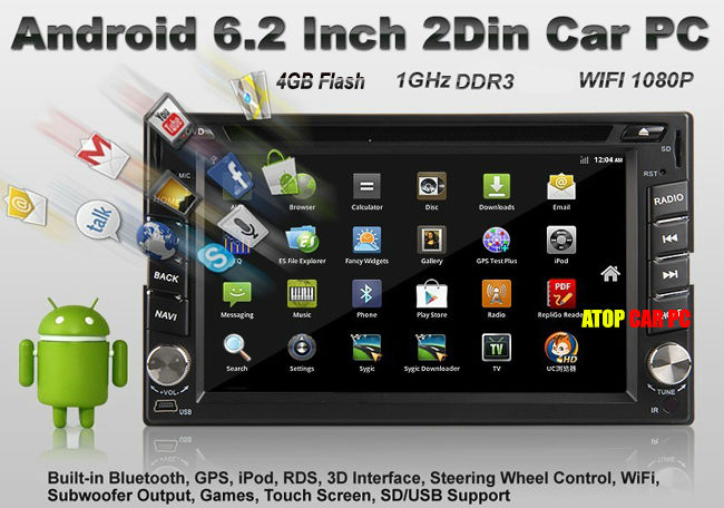    Android 4.0, 1GHZ, 1GB RAM, 4GB Flash, DVD, Bluetooth, FM, Wi-Fi