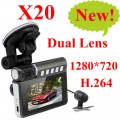 X20 - автомобильный видеорегистратор, 2.7-дюймовый ЖК дисплей, угол обзора 140 градусов, двойная камера