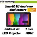 SmartQ U7 - планшетный компьютер, Android 4.1.1, 7" IPS, TI OMAP 4430 (2x1GHz), 1GB RAM, 8GB ROM, HDMI, Wi-Fi, Bluetooth, 2MP фронтальная камера, 2MP задняя камера, LED-проектор