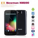 Newman NM890 - смартфон, Android 4.1.2, MTK6589 Quad Core 1.2GHz, 5.0" IPS 720Р, 2 SIM-карты, 1ГБ RAM, 4ГБ ROM, поддержка карт microSD, WCDMA/GSM, Wi-Fi, Bluetooth, GPS, FM-радио, основная камера 8МП и фронтальная камера 5МП
