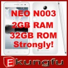 Neo N003 - смартфон, 2 SIM-карты, Android 4.2, 5" FullHD IPS Corelle Gorilla Glass, MTK6589 (4 х 1.2ГГц), 1/2ГБ RAM, 8/32ГБ ROM, поддержка карт TF, 3G, Wi-Fi, GPS, Bluetooth, FM-радио, основная камера 13МП и фронтальная камера 3МП