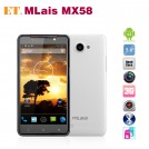Mlais MX58 - смартфон, Android 4.1.2, MTK6589 Quad Core 1.2GHz, 5.0" IPS 720Р, 2 SIM-карты, 1ГБ RAM, 4ГБ ROM, поддержка карт microSD, WCDMA/GSM, Wi-Fi, Bluetooth, GPS, FM-радио, основная камера 12МП и фронтальная камера 2МП